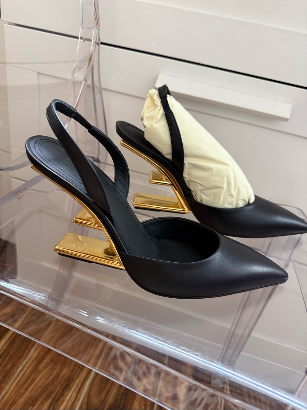 Fendi First Leather Black Slingback Pumps with Gold Heel